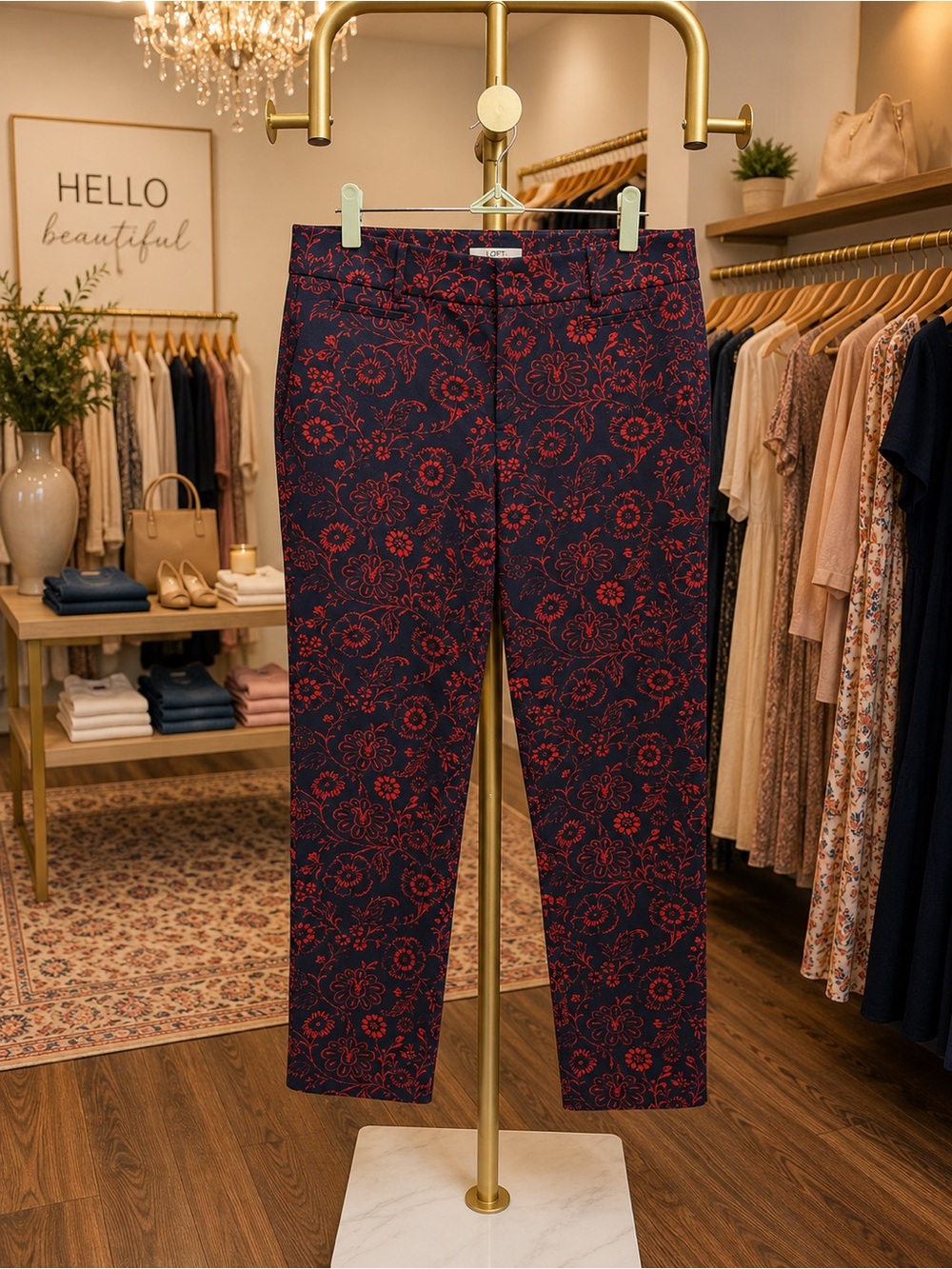 NWOT LOFT Navy Cropped Pants with Red Floral Jacquard